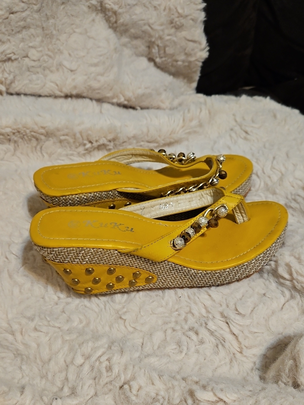 Yellow Embellished Wedge Thong Sandals -